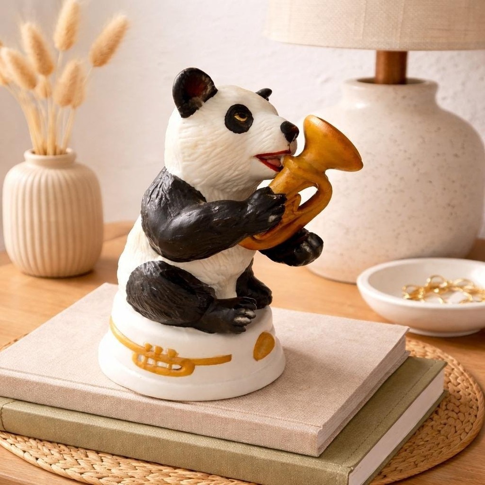Vintage Panda Trumpet Wind-Up Musical Figurine Spins Plays Melody 1980s Japan